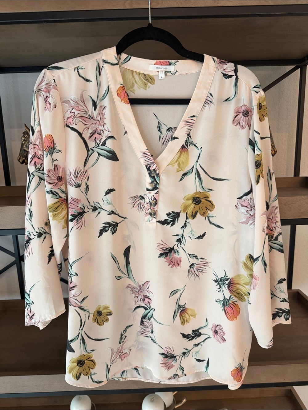 Maurices Pale Pink Floral V-Neck Blouse with Yellow Accents